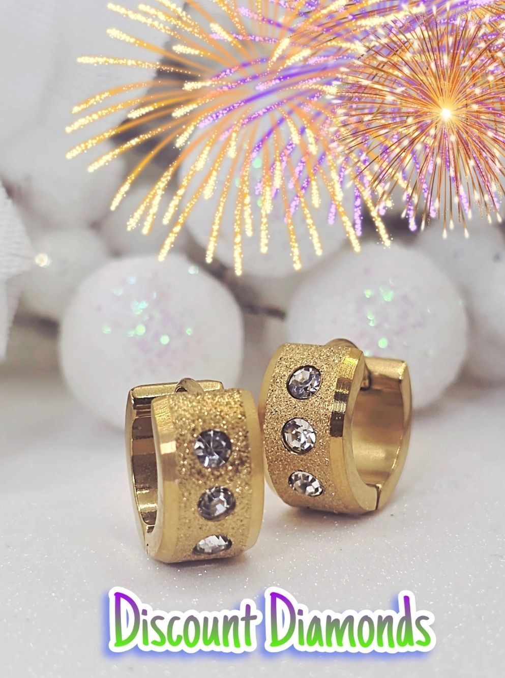 18K Gold Frosted White Diamond Hoop / Huggie Earrings on Stainless Steel
